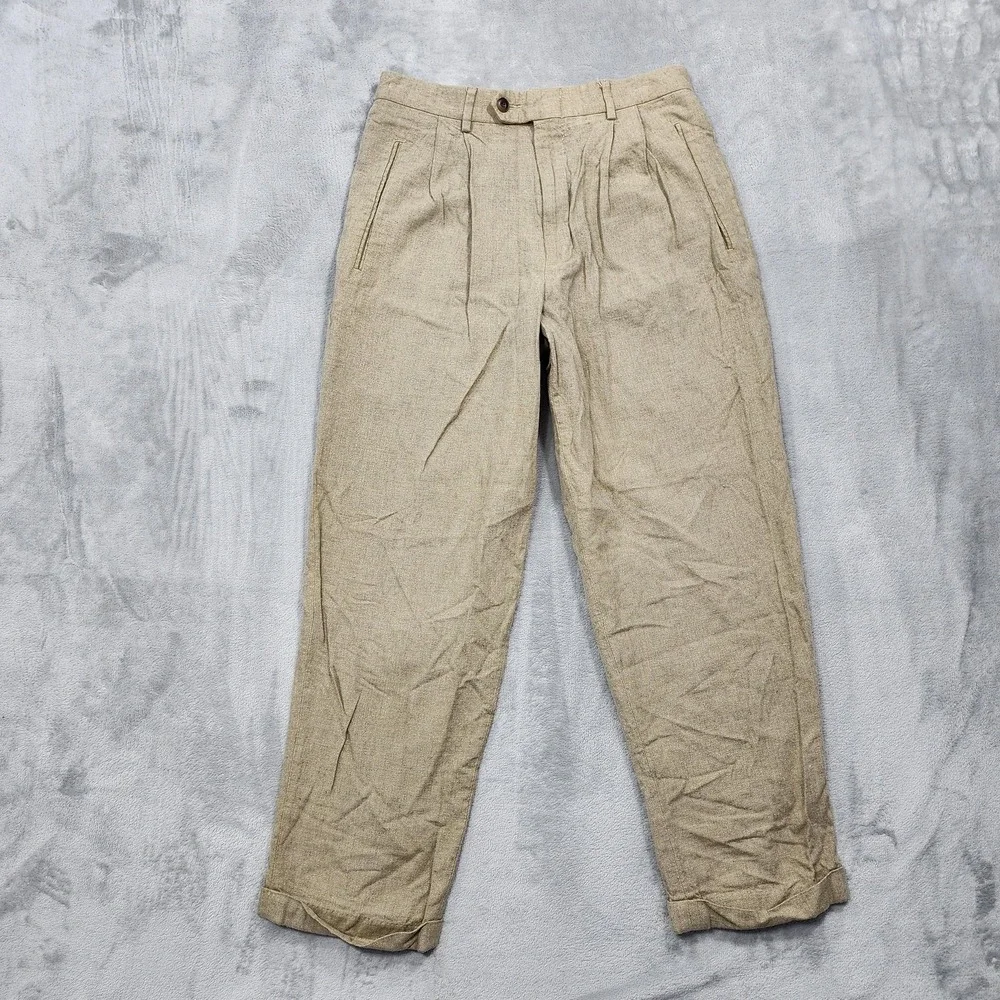 Vintage Dockers Dress Slacks Mens 30x30 Beige Linen Blend Pleated Cuffed Preppy
